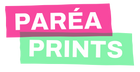 Paréa Prints logo: PARÉA in pink over PRINTS in green, joined by a plum band