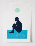 Seated Figure screen print: navy silhouette on cerulean ground with green sun (placeholder artwork)